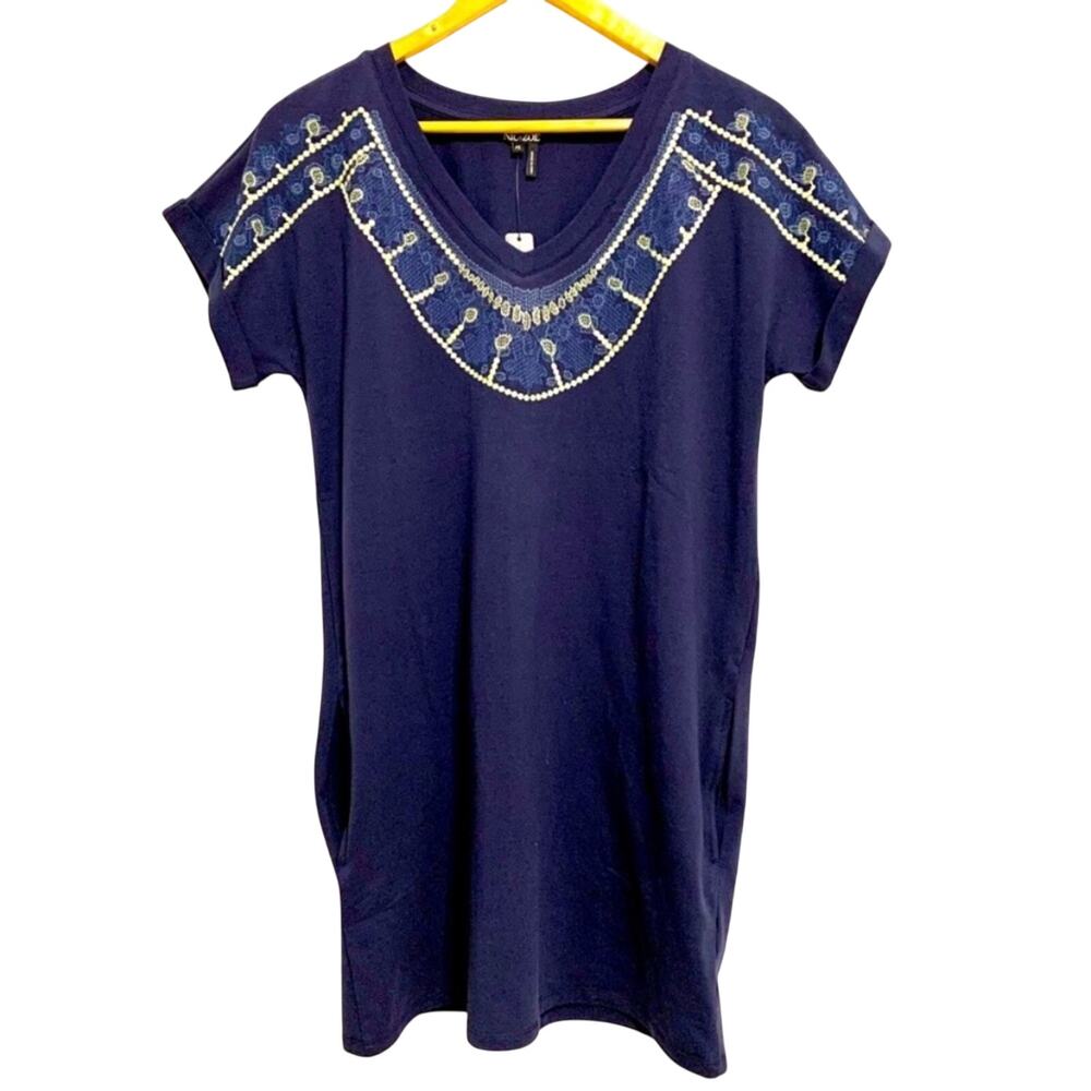 Nic & Zoe Navy Blue Embroidered Short Sleeve Swim Cover Up